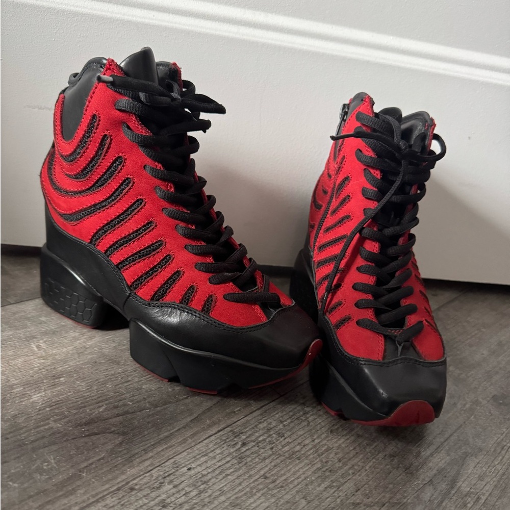 Jeffrey Campbell Bold Red and Black Lace-Up Boots leather new very rare